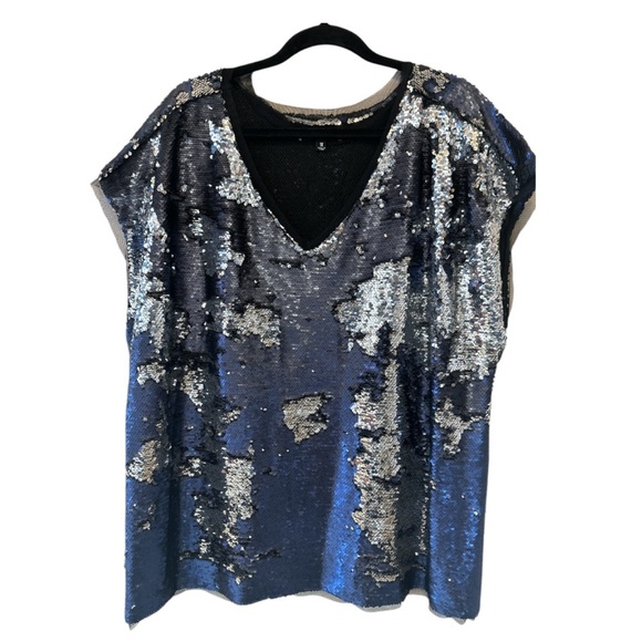 Rebel Plus Size Sequin V-Neck Top - Blue and Silver - Picture 2 of 9